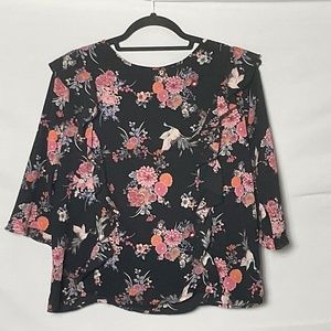 Women's Black Floral Blouse with pink and peach flowers. Size Large